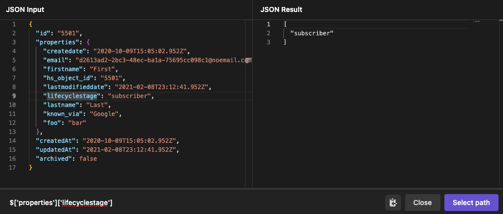 Wayfinder: Select a property from a JSON example