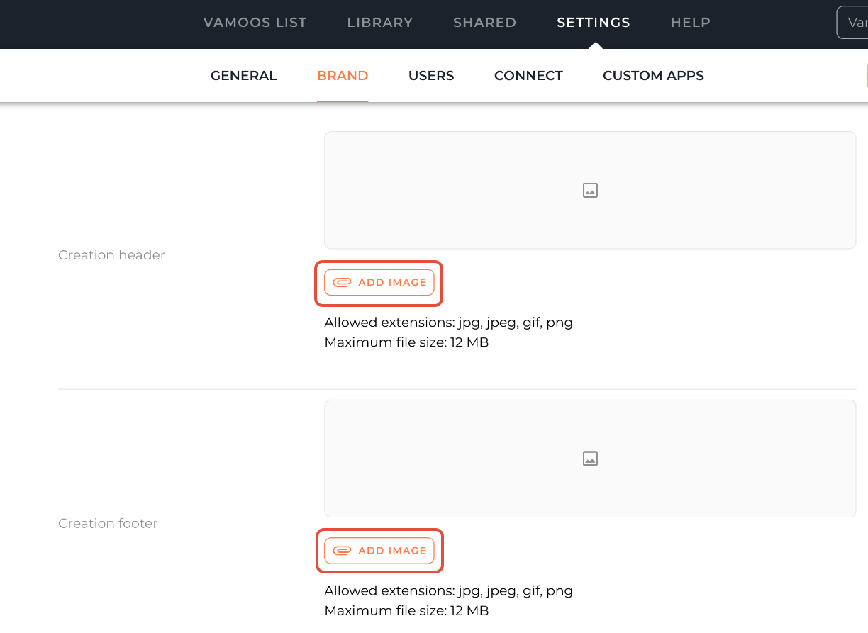Header and footer upload screenshot