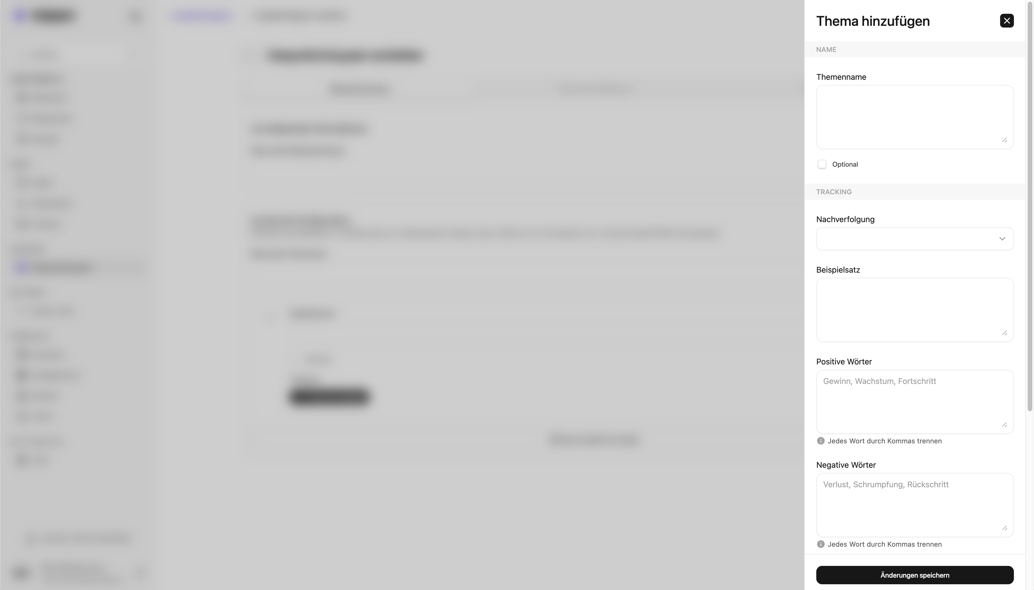 Thema hinzufuegen: Name, Beispielsatz, Positive und Negative Woerter