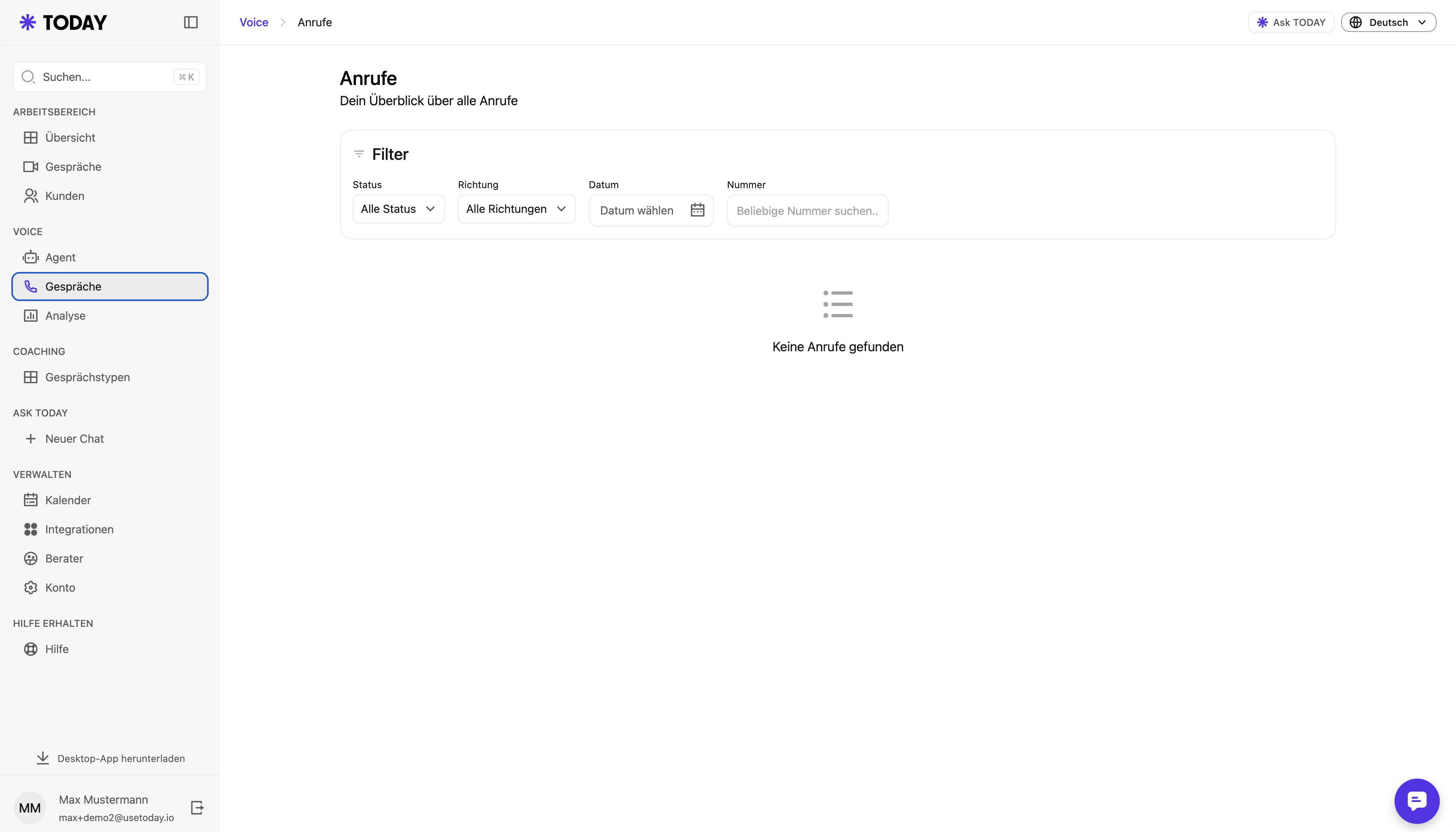 Voice-Anrufe filtern nach Status, Richtung, Datum und Nummer
