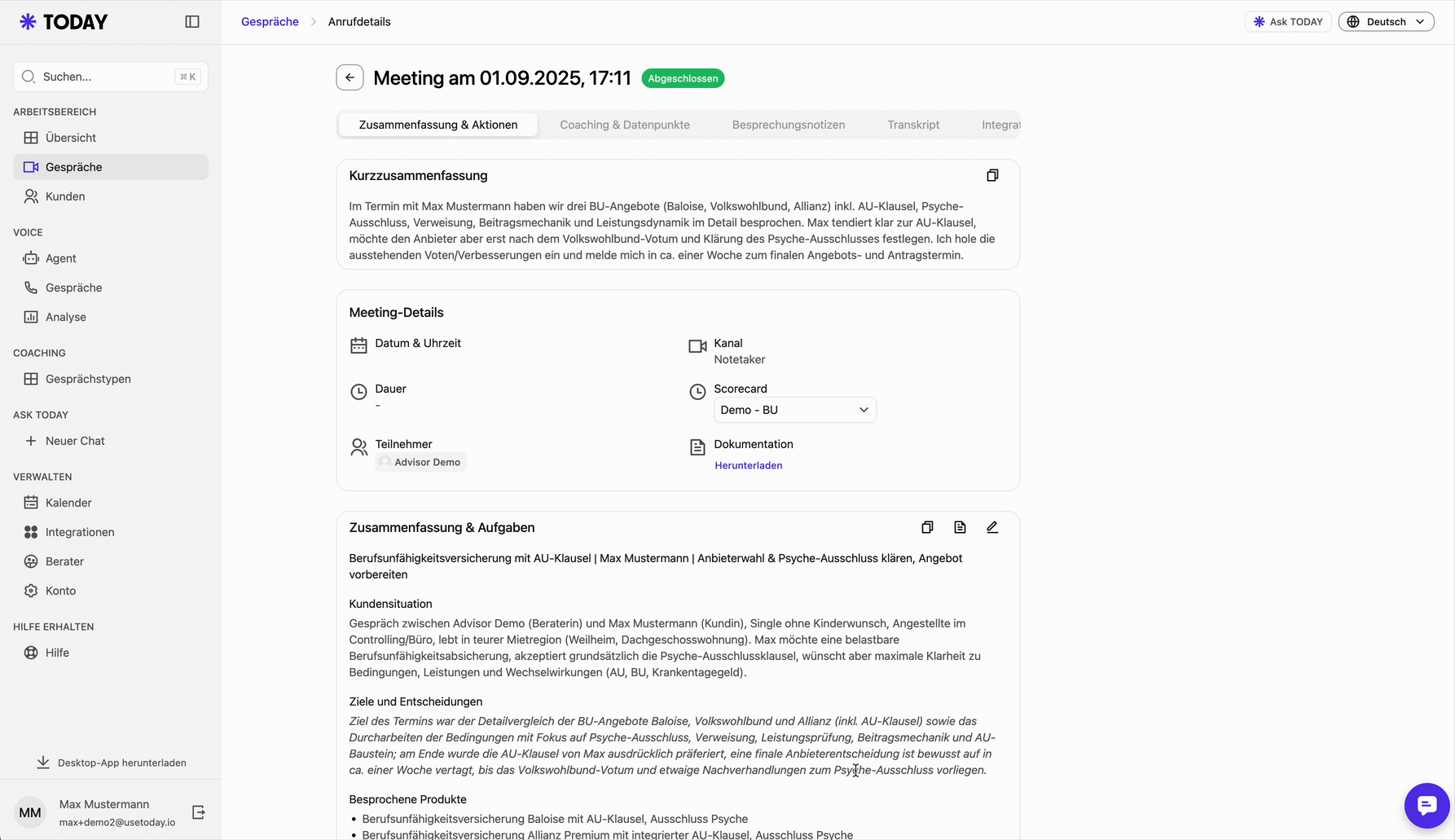 AskTODAY mit Chat-Verlauf in der Seitenleiste