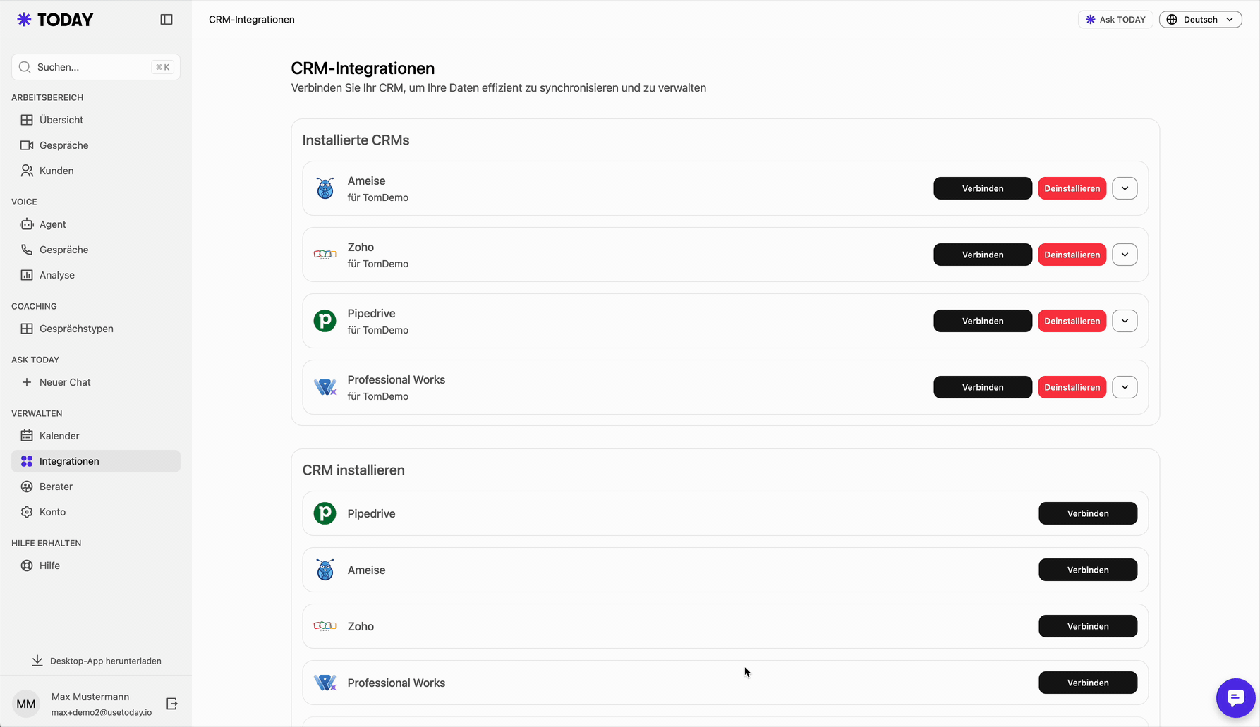 Dauerhafte CRM-Verbindung herstellen (hier Bsp. Ameise, OAuth-Anmeldung)
