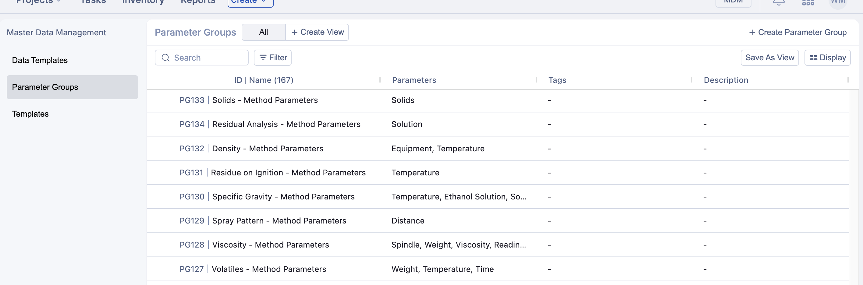 Landing grid for Data Templates and Parameter Groups in the MDM menu
