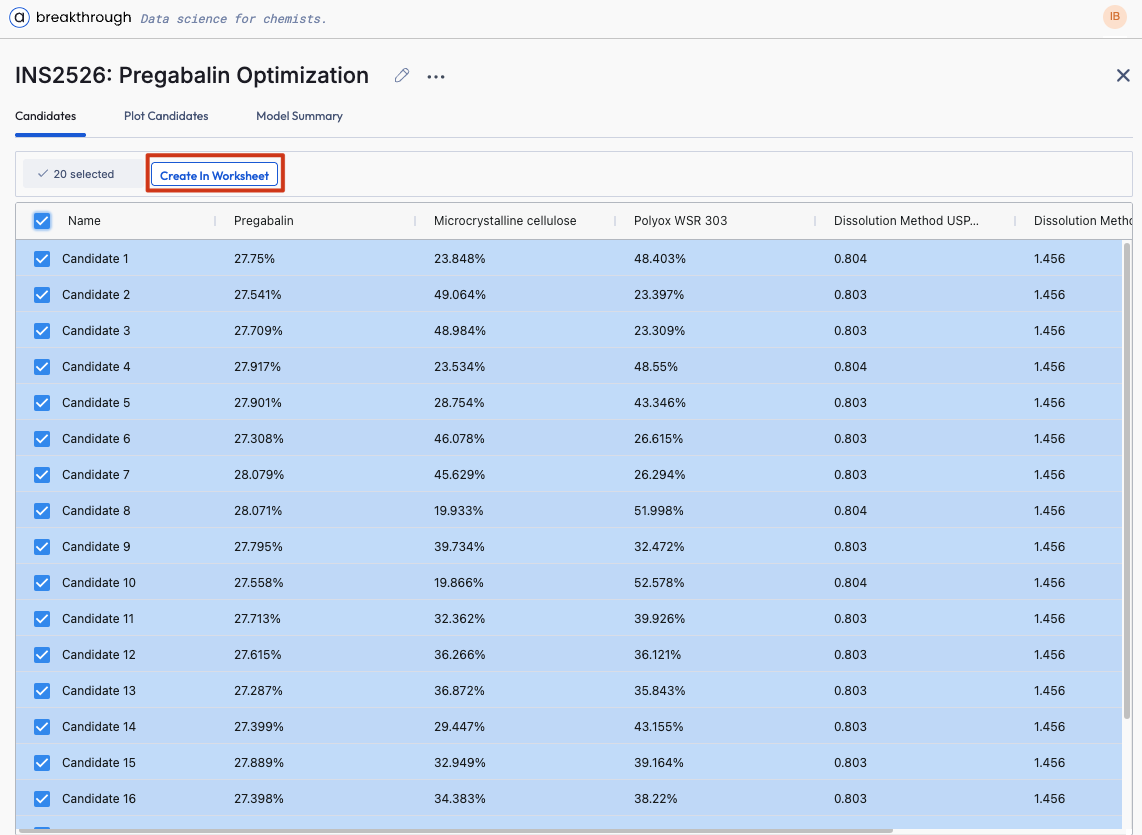 Generate module — candidates view