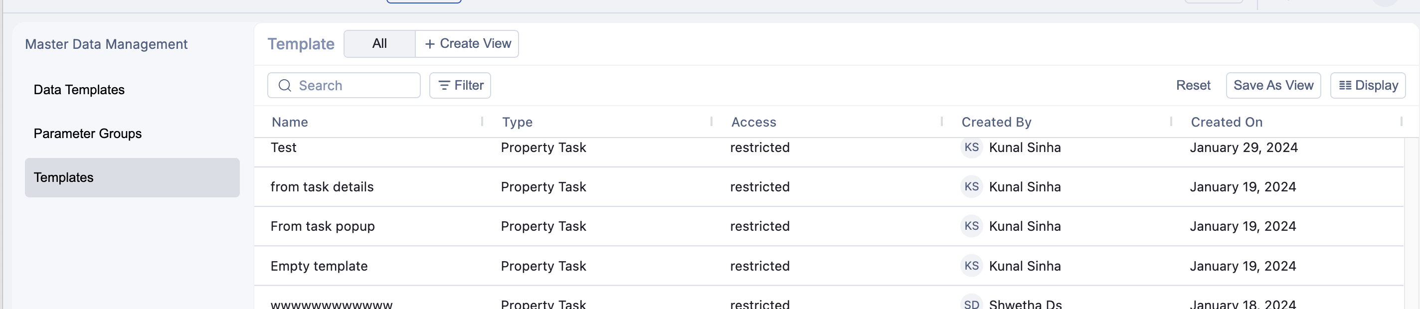 Templates grid within the MDM section