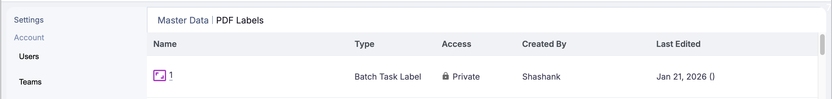 PDF Labels page showing Master Data table in Albert