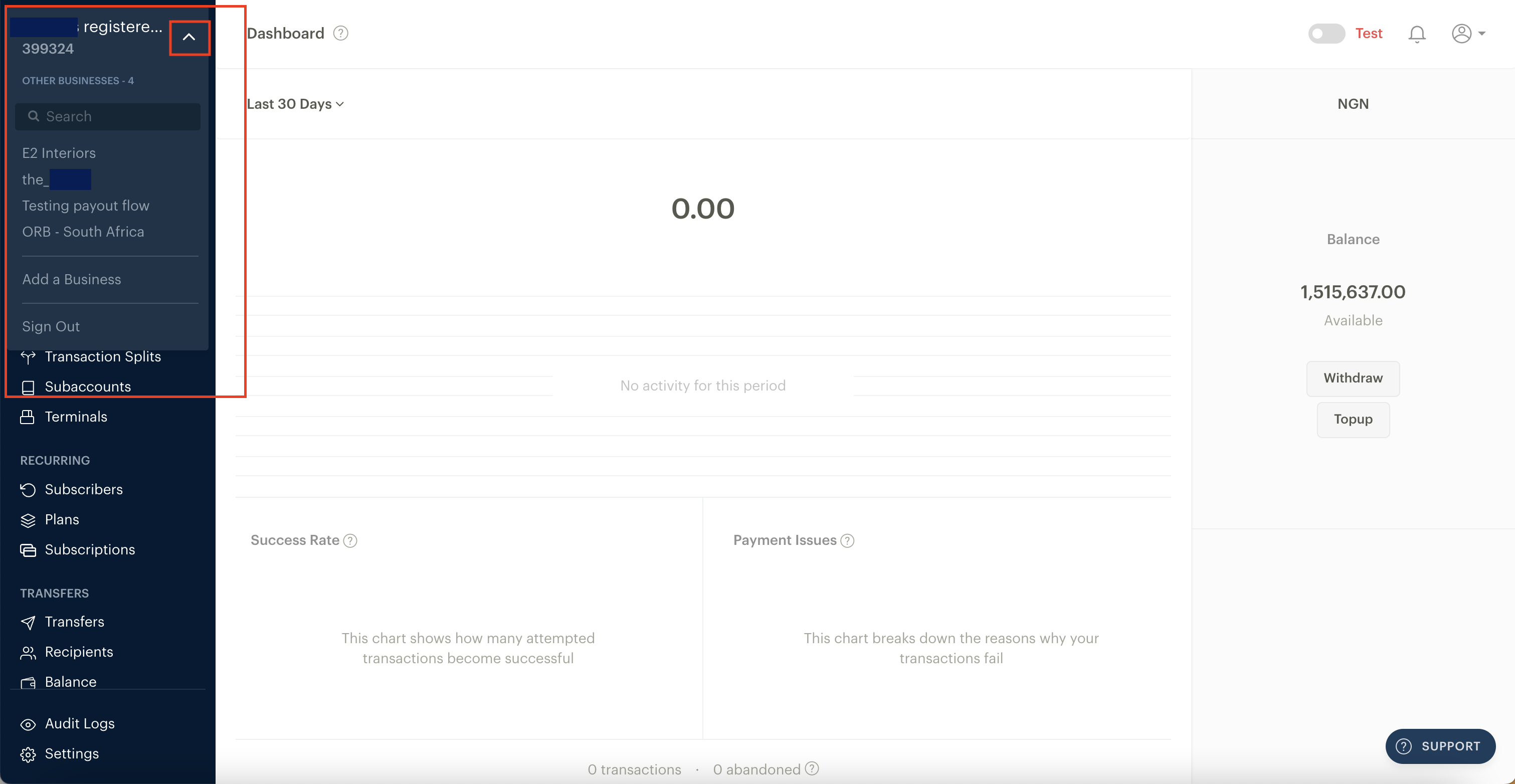 Switching between businesses on the Paystack Dashboard