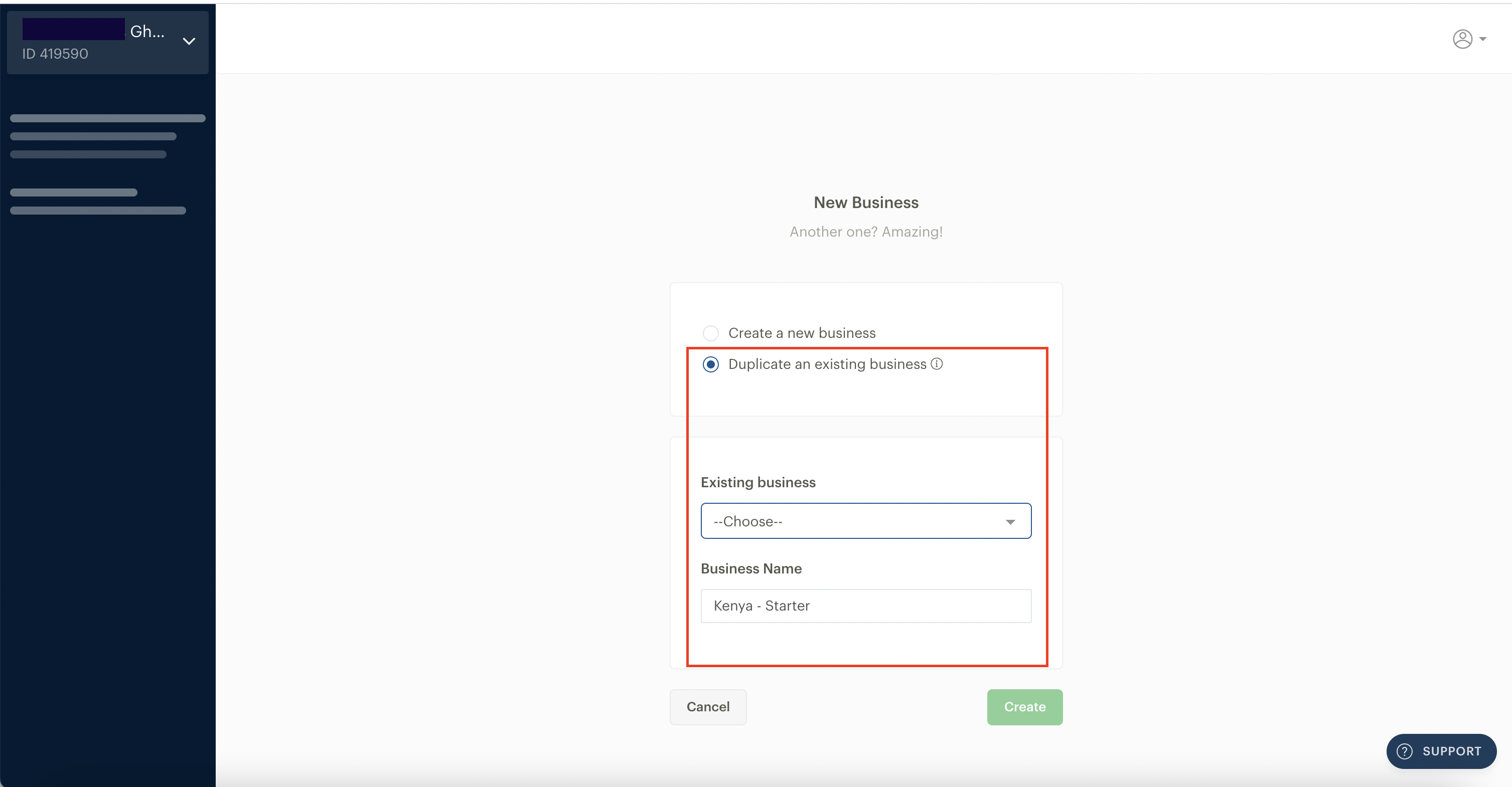 The option to duplicate an existing business