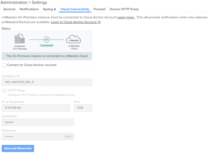 Cloud Connectivity settings with the checkbox cleared