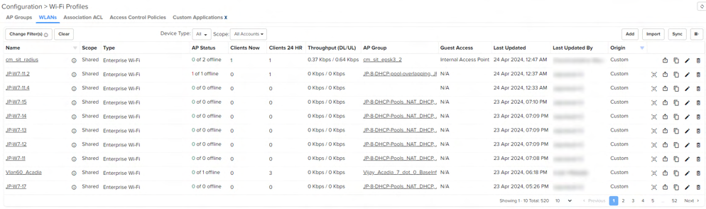 Wi-Fi Profiles WLANs list with export and import controls