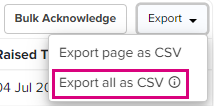 Export dropdown on the Inventory page, with Export all as CSV highlighted