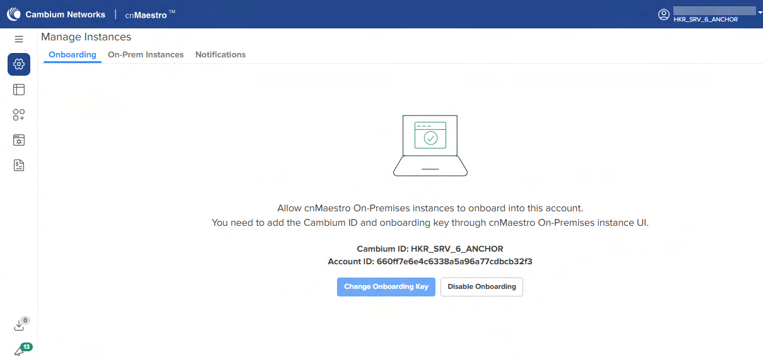 Manage Instances Onboarding page showing the Cambium ID and Change Onboarding Key